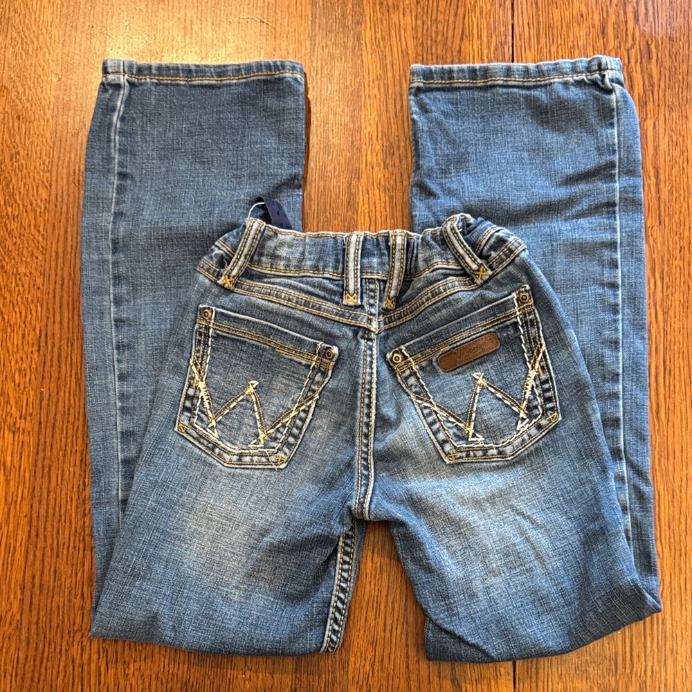 Wrangler Blue Denim with Brown Leather Patch Size 8 slim